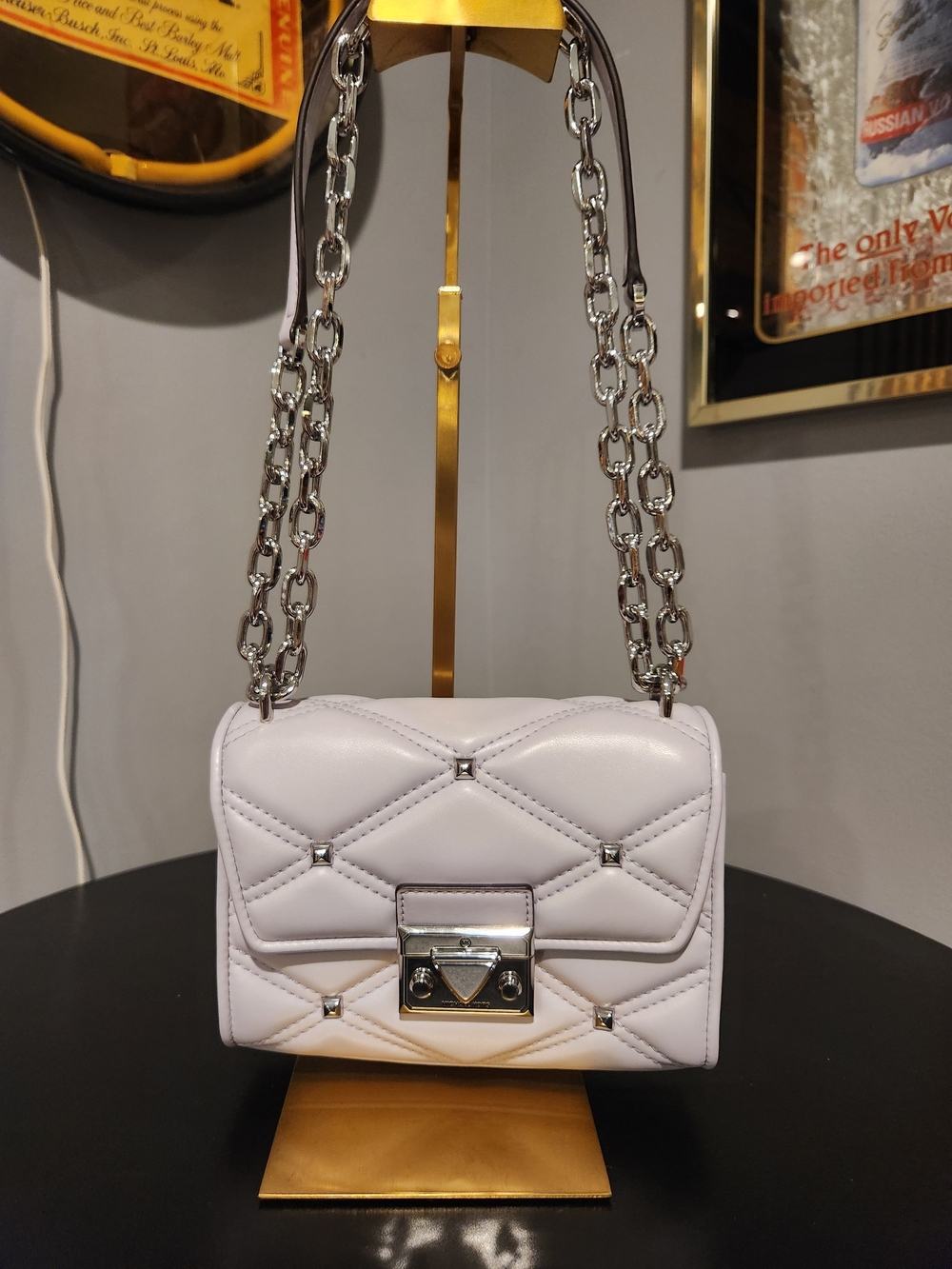 Michael Kors Serena Quilted Lavender Shoulder Bag with Silver Chain